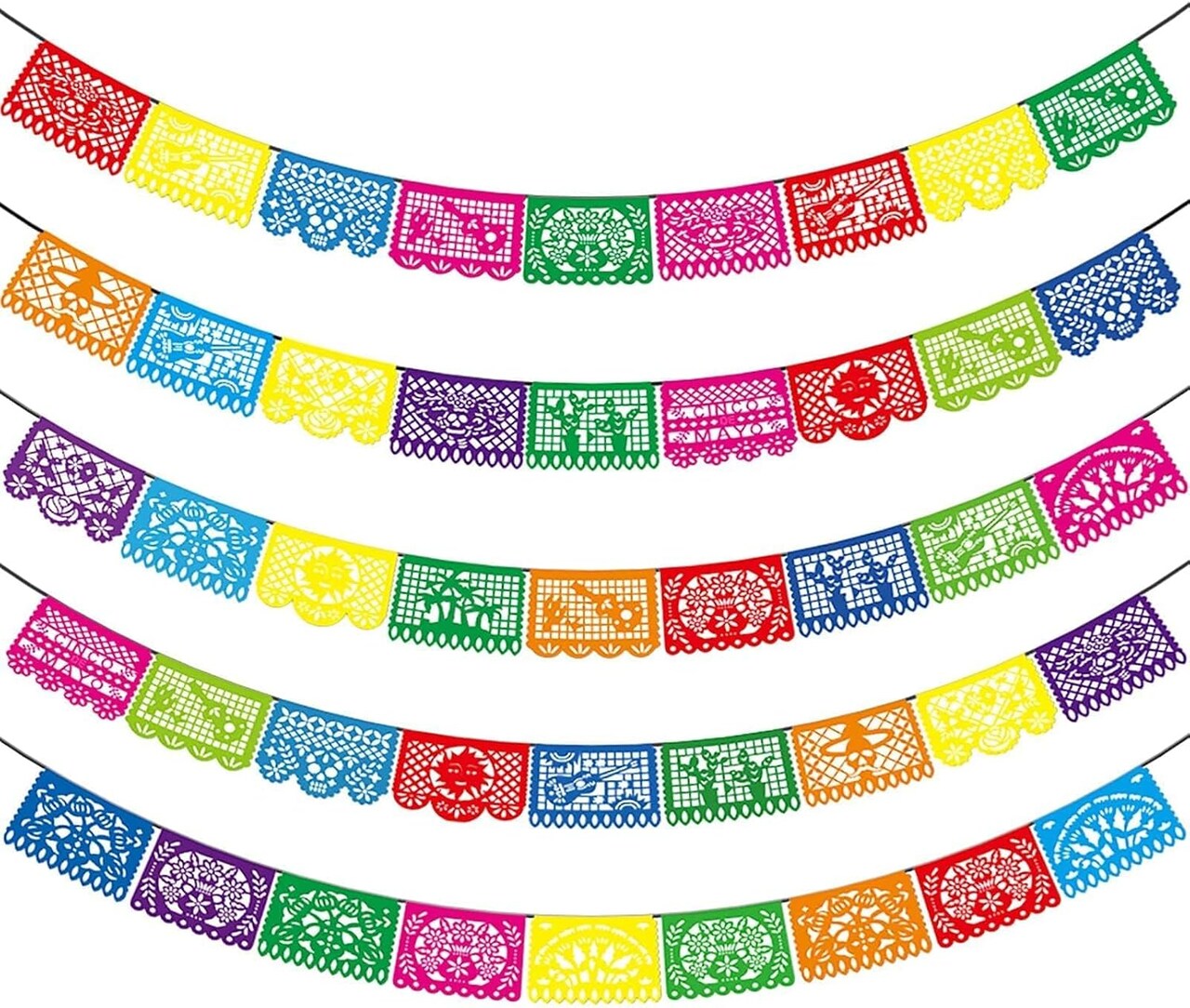 5PCS Mexican Party Banners, Cinco De Mayo Decoration Fiesta Party Decoration, Mexican Themed Party Decor 5 De Mayo Banner Plastic Papel Picado, Mexico Birthday Party Supplies -12 Patterns/90FT